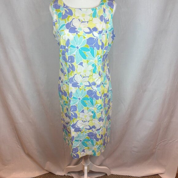 Women's floral sleeveless cotton shift‎ dress 70's inspired size 10 flower power - Picture 1 of 11